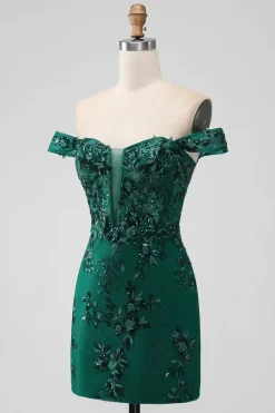 Sparkly verde escuro fora do ombro apertado curto Homecoming Dress com Sequins