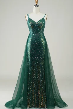 Sparkly verde escuro frisado vestido longo baile de formatura
