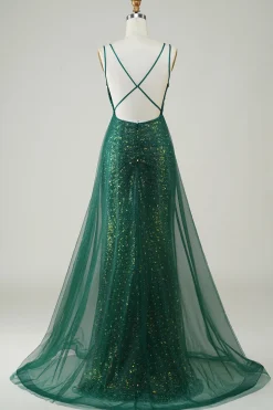 Sparkly verde escuro frisado vestido longo baile de formatura