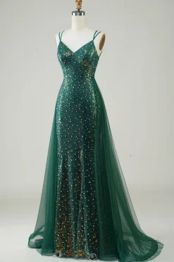 Sparkly verde escuro frisado vestido longo baile de formatura