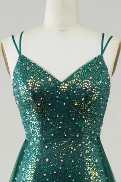 Sparkly verde escuro frisado vestido longo baile de formatura