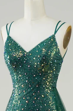 Sparkly verde escuro frisado vestido longo baile de formatura