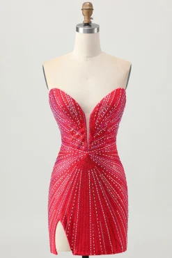 Sparkly vermelho frisado curto apertado Homecoming Dress com fenda
