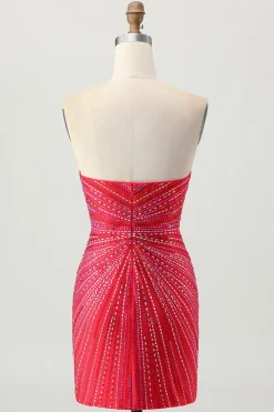 Sparkly vermelho frisado curto apertado Homecoming Dress com fenda