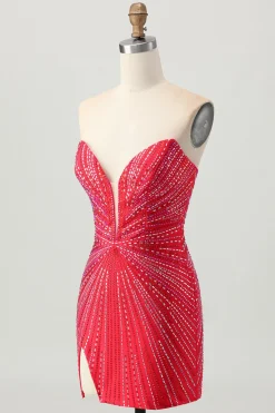 Sparkly vermelho frisado curto apertado Homecoming Dress com fenda