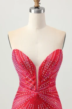Sparkly vermelho frisado curto apertado Homecoming Dress com fenda