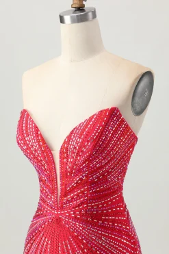 Sparkly vermelho frisado curto apertado Homecoming Dress com fenda
