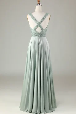 Sparkly V-Neck Matcha vestido de dama de honra com lantejoulas