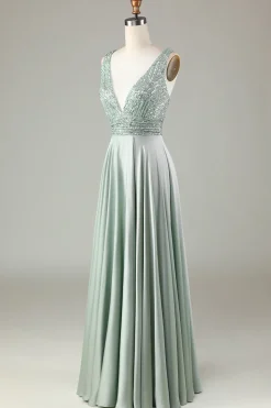 Sparkly V-Neck Matcha vestido de dama de honra com lantejoulas