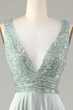Sparkly V-Neck Matcha vestido de dama de honra com lantejoulas