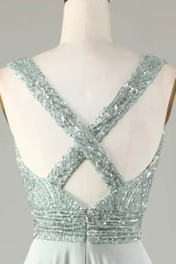 Sparkly V-Neck Matcha vestido de dama de honra com lantejoulas