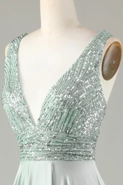 Sparkly V-Neck Matcha vestido de dama de honra com lantejoulas
