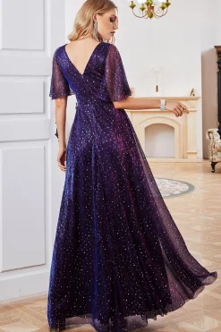 Sparkly V-Neck vestido de festa roxo com mangas curtas