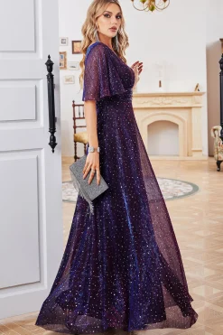 Sparkly V-Neck vestido de festa roxo com mangas curtas