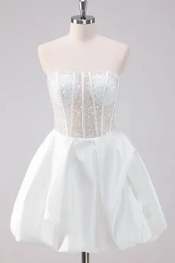 Sparkly White A-Line Strapless Vestido Curto Homecoming