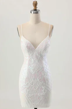 Sparkly White Bodycon Backless Sequin Vestido Curto Homecoming