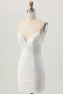 Sparkly White Bodycon Backless Sequin Vestido Curto Homecoming