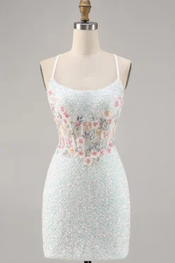 Sparkly White Bodycon Corset Homecoming Vestido com Apliques