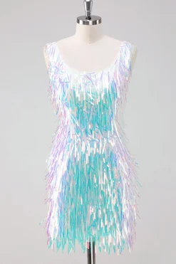 Sparkly White Scoop Neck Tight Short Homecoming Vestido com Tassels