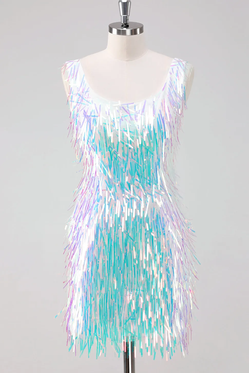 Sparkly White Scoop Neck Tight Short Homecoming Vestido com Tassels