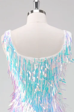 Sparkly White Scoop Neck Tight Short Homecoming Vestido com Tassels