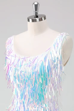 Sparkly White Scoop Neck Tight Short Homecoming Vestido com Tassels