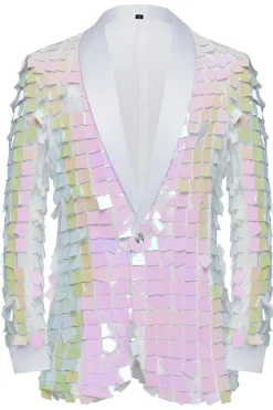 Sparkly White Shawl Lapela Sequins Blazer Masculino