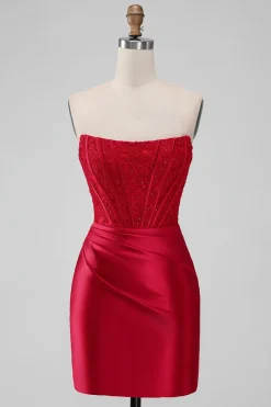 Sparky Red Bodycon Strapless Vestido Homecoing Curto com Missangas