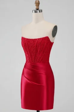 Sparky Red Strapless Bodycon Vestido Homecoing Curto com Renda