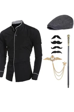 Stand Collar Mangas Longas Camisa Terno Masculino Preto com Conjunto de Acessórios