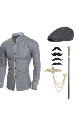 Stand Collar Mangas Longas Camisa Terno Masculino Preto com Conjunto de Acessórios