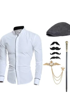 Stand Collar Mangas Longas Camisa Terno Masculino Preto com Conjunto de Acessórios