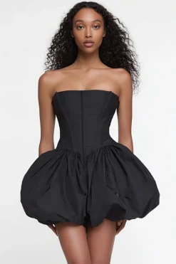 Strapless A-Line Cetim Vestido Preto Pequeno