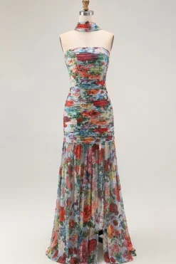 Strapless Azul Vermelho Flor Pescoço Lenço Ruched Wedding Guest Dress com Fenda