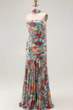 Strapless Azul Vermelho Flor Pescoço Lenço Ruched Wedding Guest Dress com Fenda