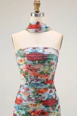Strapless Azul Vermelho Flor Pescoço Lenço Ruched Wedding Guest Dress com Fenda