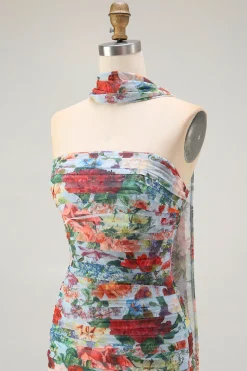 Strapless Azul Vermelho Flor Pescoço Lenço Ruched Wedding Guest Dress com Fenda