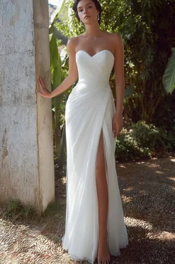Strapless bainha branca Ruched ensaio vestido de jantar