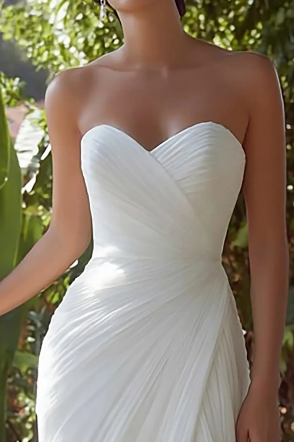 Strapless bainha branca Ruched ensaio vestido de jantar
