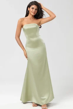 Strapless bainha de cetim vestido verde dama de honra