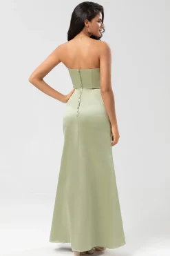 Strapless bainha de cetim vestido verde dama de honra