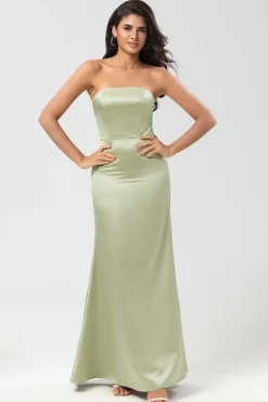 Strapless bainha de cetim vestido verde dama de honra