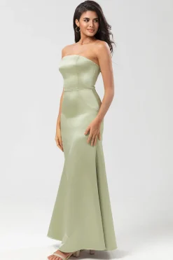 Strapless bainha de cetim vestido verde dama de honra