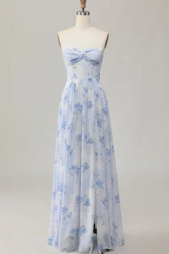 Strapless Blue Flower A-Line Vestido de Noiva Estampado com Fenda