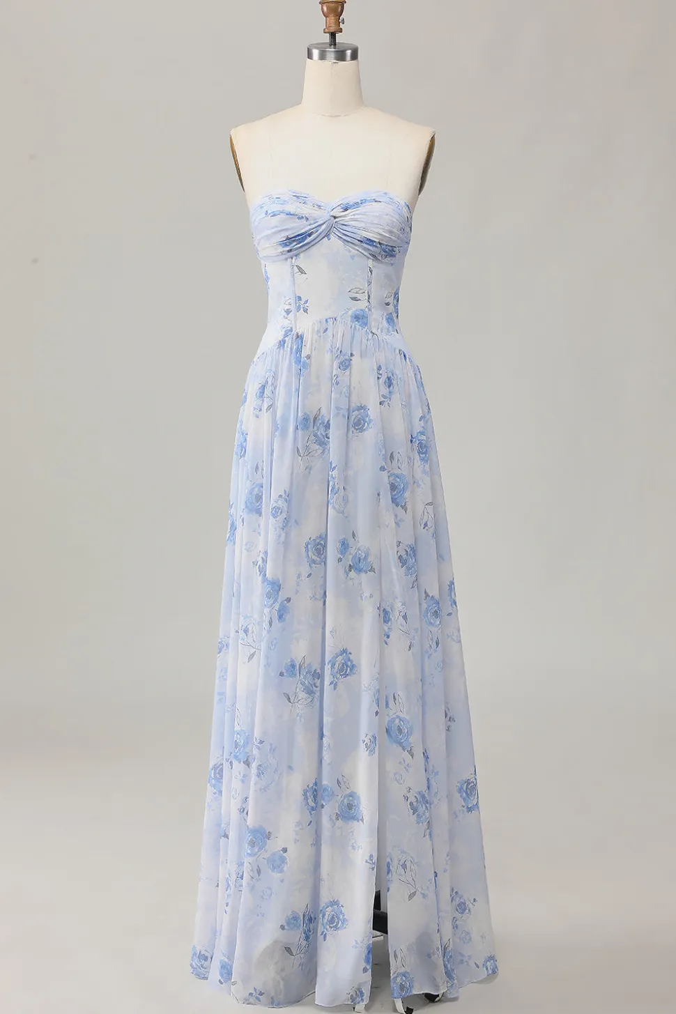 Strapless Blue Flower A-Line Vestido de Noiva Estampado com Fenda