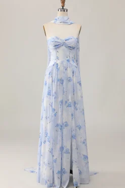 Strapless Blue Flower A-Line Vestido de Noiva Estampado com Fenda