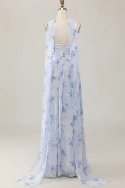 Strapless Blue Flower A-Line Vestido de Noiva Estampado com Fenda