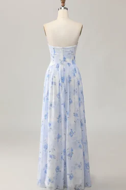 Strapless Blue Flower A-Line Vestido de Noiva Estampado com Fenda
