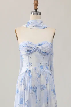 Strapless Blue Flower A-Line Vestido de Noiva Estampado com Fenda