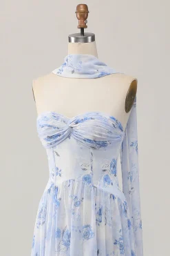 Strapless Blue Flower A-Line Vestido de Noiva Estampado com Fenda